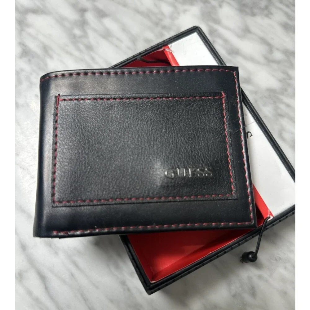 GUESS Men's Black Bifold Wallet Solid Logo Accent Credit Card Slots Folding NEW